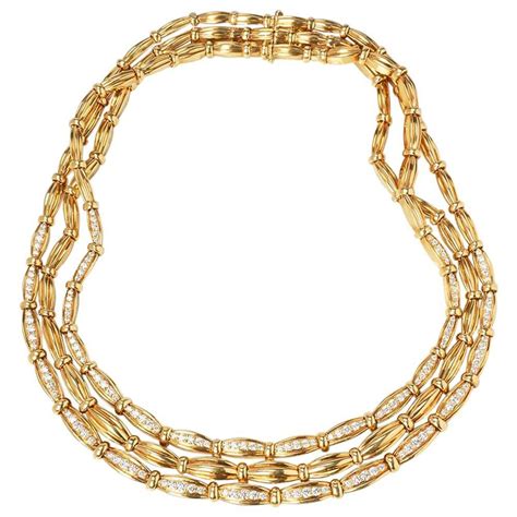 Tiffany And Co 18 Karat Yellow Gold Diamond Vintage Three Strand Necklace For Sale At 1stdibs