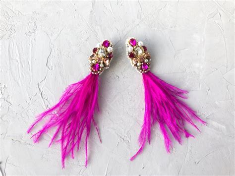 Hot Pink Earrings Pink Feather Earrings Fringe Jewelry Fuchsia Etsy