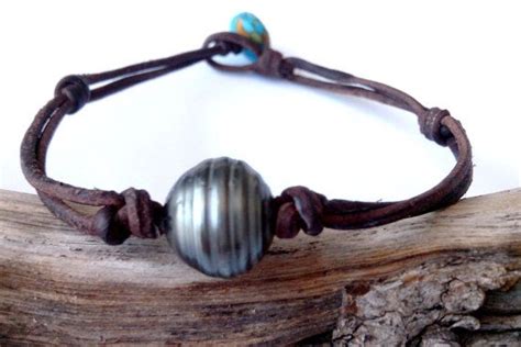Tahitian Pearl Man Bracelet Hand Rolled Leather Coral Etsy