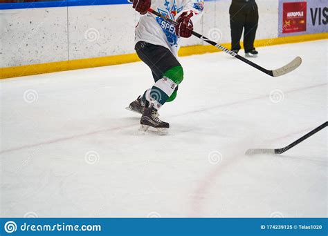 01 03 2020 Riga Latvia Tracking Of Ice Hockey Player In White Uniform