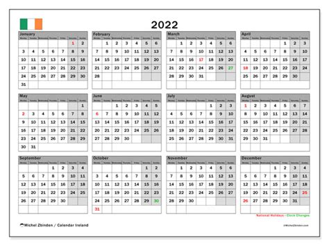 Printable 2022 “ireland” Calendar Michel Zbinden En