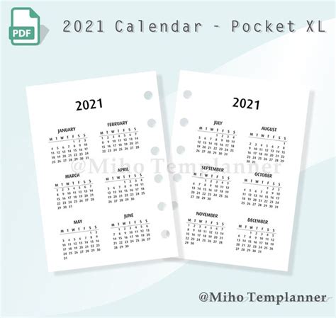 2021 Calendar Printable Planner Pocket Xl Size Inserts Year Etsy