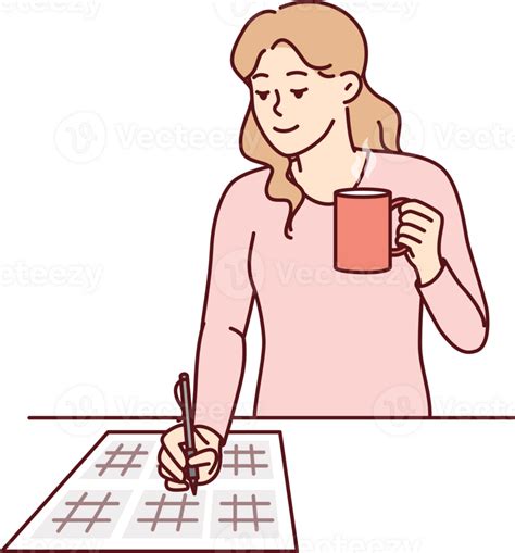 Woman Solves Sudoku Puzzle And Drinks Hot Tea Enjoying Math Brain