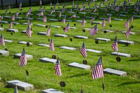American Flags Fly Over The Graves Of Veterans On Memorial Day Stock