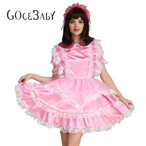 sissy forced maid satin pink lockable dress costume uniform crossdressing cosplay costume on
