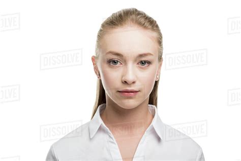 Portrait Of Pensive Caucasian Teenage Girl Looking At Camera Isolated