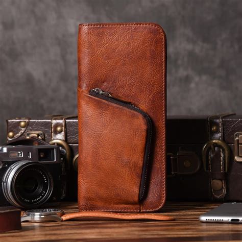 Handmade Leather Mens Cool Long Leather Wallet Zipper Phone Clutch Wal