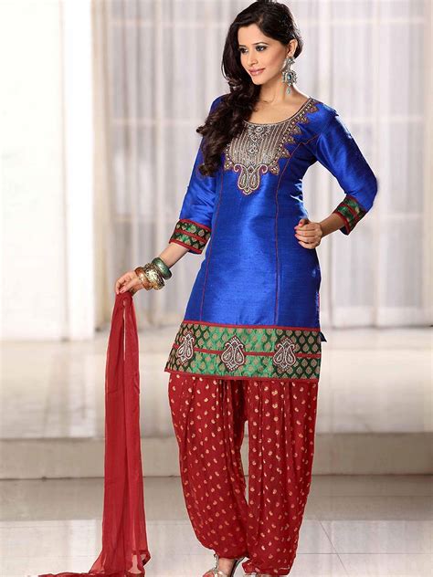 Blue Dupion Silk Salwar Kameez With Dupatta Online Shopping Slkbr205 Patiala Salwar Salwar