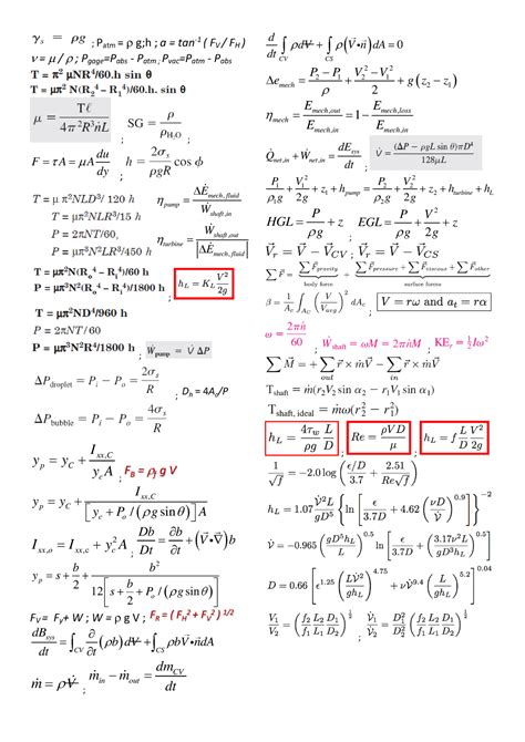 Formula Sheet Summary Fluid Mechanics Patm A Fv Fh Patm Pabs P2