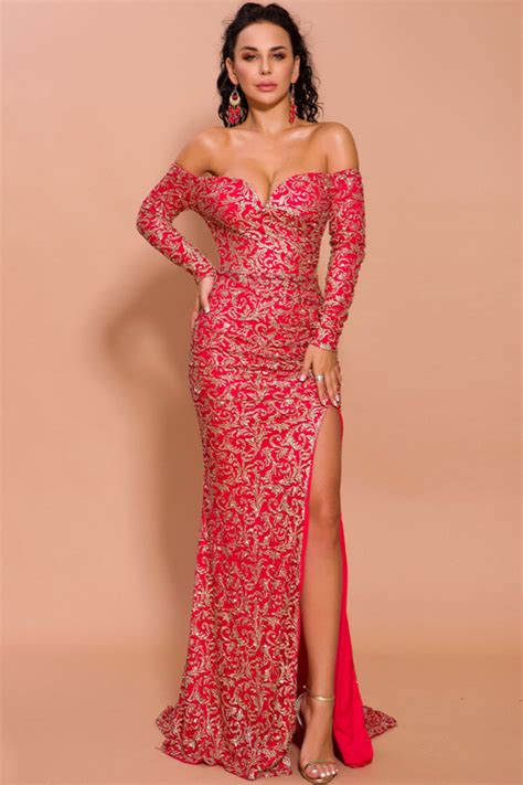 Red Off The Shoulder Mermaid Prom Dress Long Sleeves Lace Appliques Evening Gowns With Split