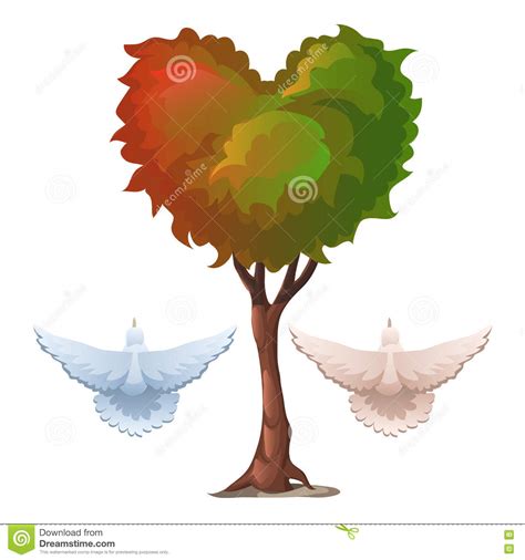 Tree With Foliage In The Shape Of Heart And Doves Stock Vector