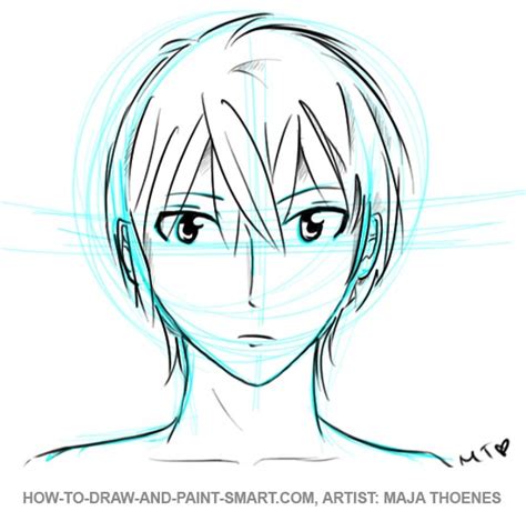 Sketch out the shape of the anime boy's face like so, then draw in the long pointed bangs. How to Draw Anime Boys