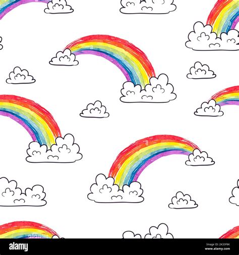 Watercolor Rainbows And Clouds Seamless Pattern Colorful Cartoon