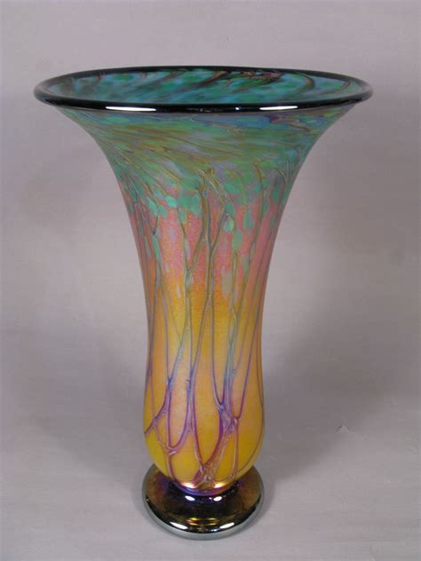 Sunset Fumed Vase Hand Blown Art Glass Pottery Sculpture Iridescent Art