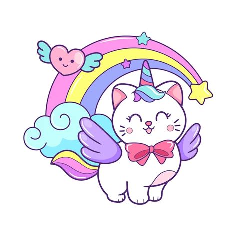 Premium Vector Cute Cat Unicorn And Stars Rainbow Cartoon Illustration