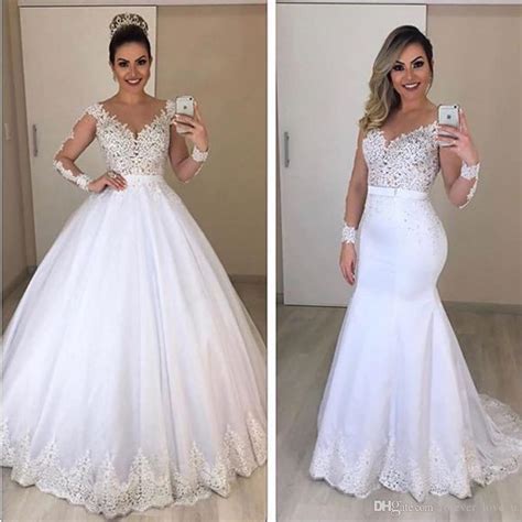 2020 Two In One Detachable Wedding Dress Sheer Neck Lace Appliques Long