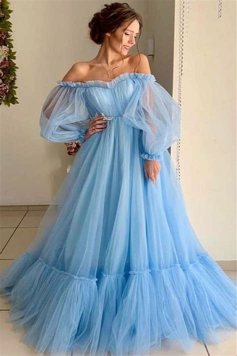 Blue Tulle Formal Dress Ball Gown Dresses Prom Dresses With Sleeves