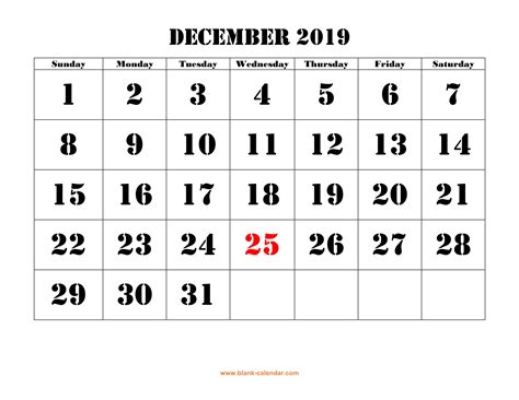 Free Download Printable December 2019 Calendar Large Font Design