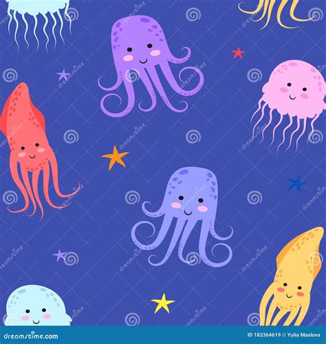 Octopus Jellyfish Squid Cute Cartoon Sea Animals Stock Vector