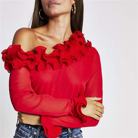Red Long Sleeve One Shoulder Frill Top River Island