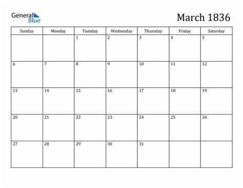 March 1836 Monthly Calendar Pdf Word Excel