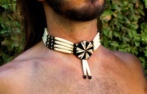 Native American Choker Necklace Tribal Bones Shell Beads Tribal