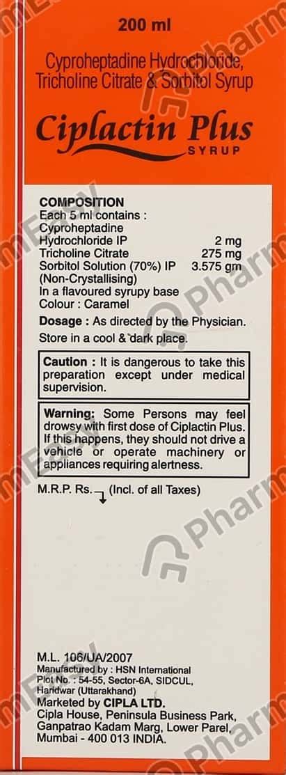 Ciplactin Plus Syrup 200ml Uses Side Effects Price And Dosage Pharmeasy