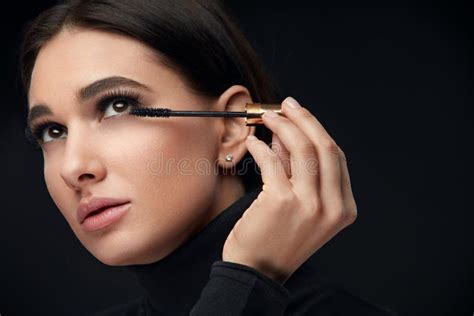 Mascara Makeup Beauty Model Putting Black Mascara On Eyelashes Stock