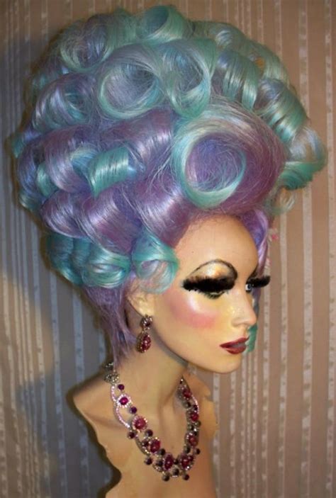 Drag Queen Wig Big Tall Updo Lavender Teal Blue Tips French Twist Curls