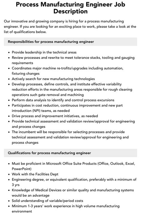 Process Manufacturing Engineer Job Description Velvet Jobs