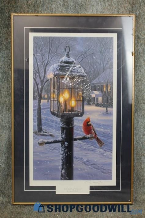 Framed Warmth Of Winter Cardinal Bird Lamp Post Print Signed Darrell