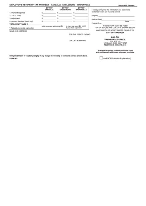 Form W1 Employers Return Of Tax Withheld Printable Pdf Download