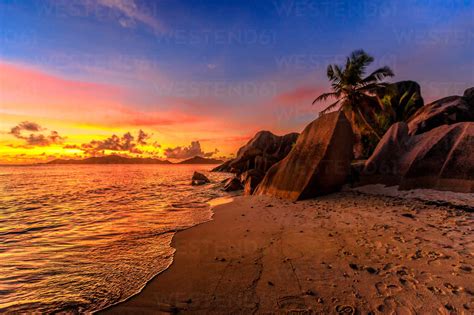 Anse Source Dargent Beach At Sunset La Digue Seychelles Indian