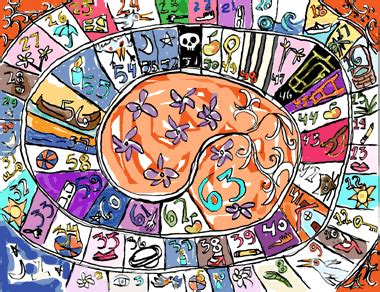 El tablero consiste en una pista con 63 casillas, organizadas en espiral. Juego de la Oca