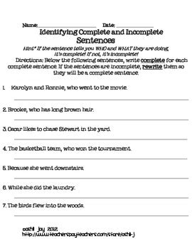 Complete vs Incomplete Sentences Activity by Mrs Cook's Smart COOKies