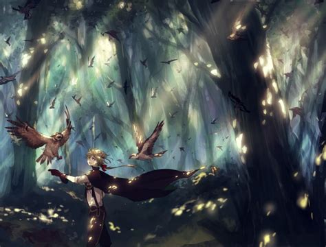 Wallpaper Anime Boy Birds Forest Trees Sunbeam Eagle