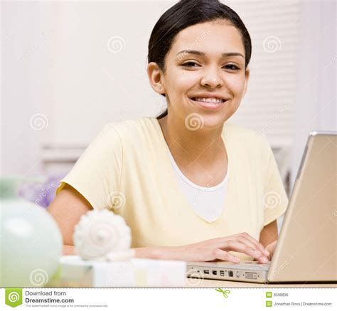 Happy, Confident Girl with Braces Using Laptop Stock Photo - Image of ...