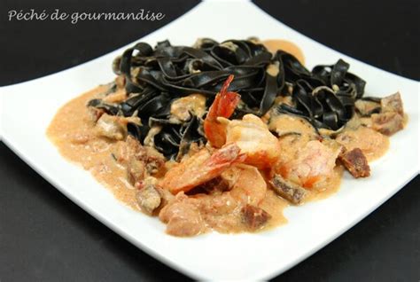 tagliatelles à l encre de seiche gambas et chorizo péché de gourmandise