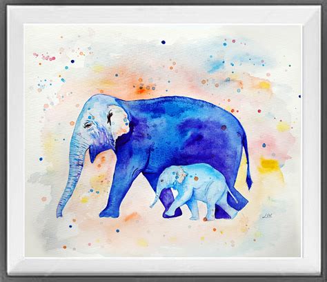 Baby Elephant With Mom Elephants Art Print Watercolor Etsy