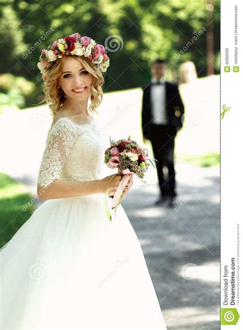 Gorgeous Blonde Smiling Emotional Bride In Vintage White Dress I Stock