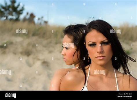Two Female Models On The Beach Headshots Stock Photo Alamy
