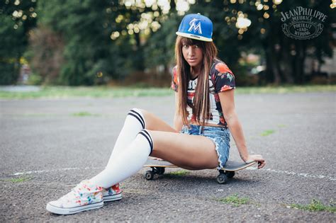 Wallpaper Women Legs Sitting Jean Shorts White Stockings Baseball Caps Skateboard