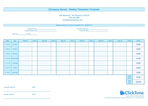 Weekly Timesheet Template Free Excel Timesheets Clicktime In