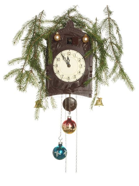Holiday Cuckoo Clocks Decorated With Christmas Toys And Fir Branches