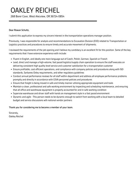 Transportation Operations Manager Cover Letter Velvet Jobs