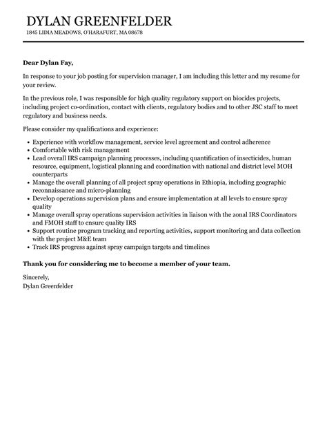 Supervision Manager Cover Letter Velvet Jobs