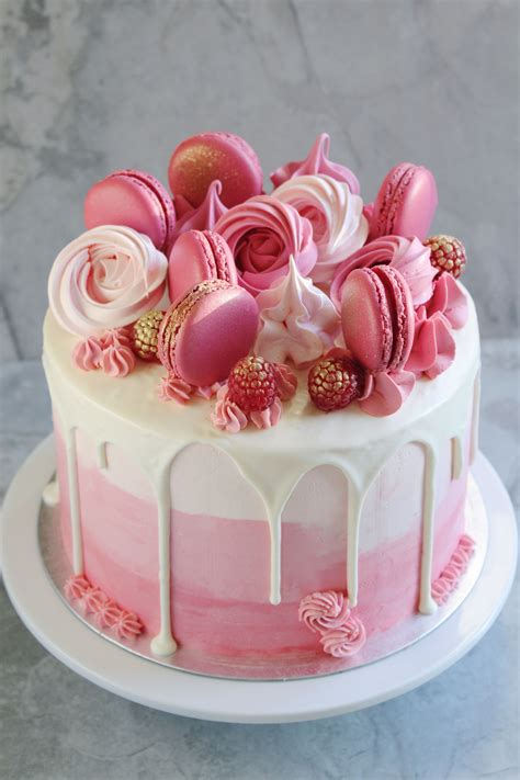 Pink Birthday Cake With Macarons The Shoot