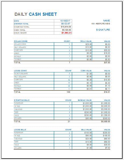 Daily Cash Sheet Printable