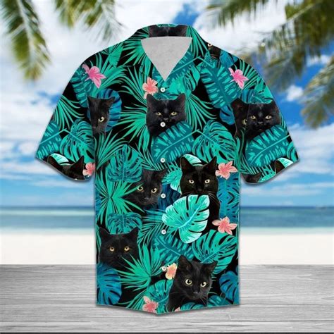Summer short sleeve hawaiian beach shirt. Black cat tropical hawaiian shirt