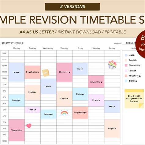 Minimalist Revision Timetable Printable Set Study Schedule Etsy